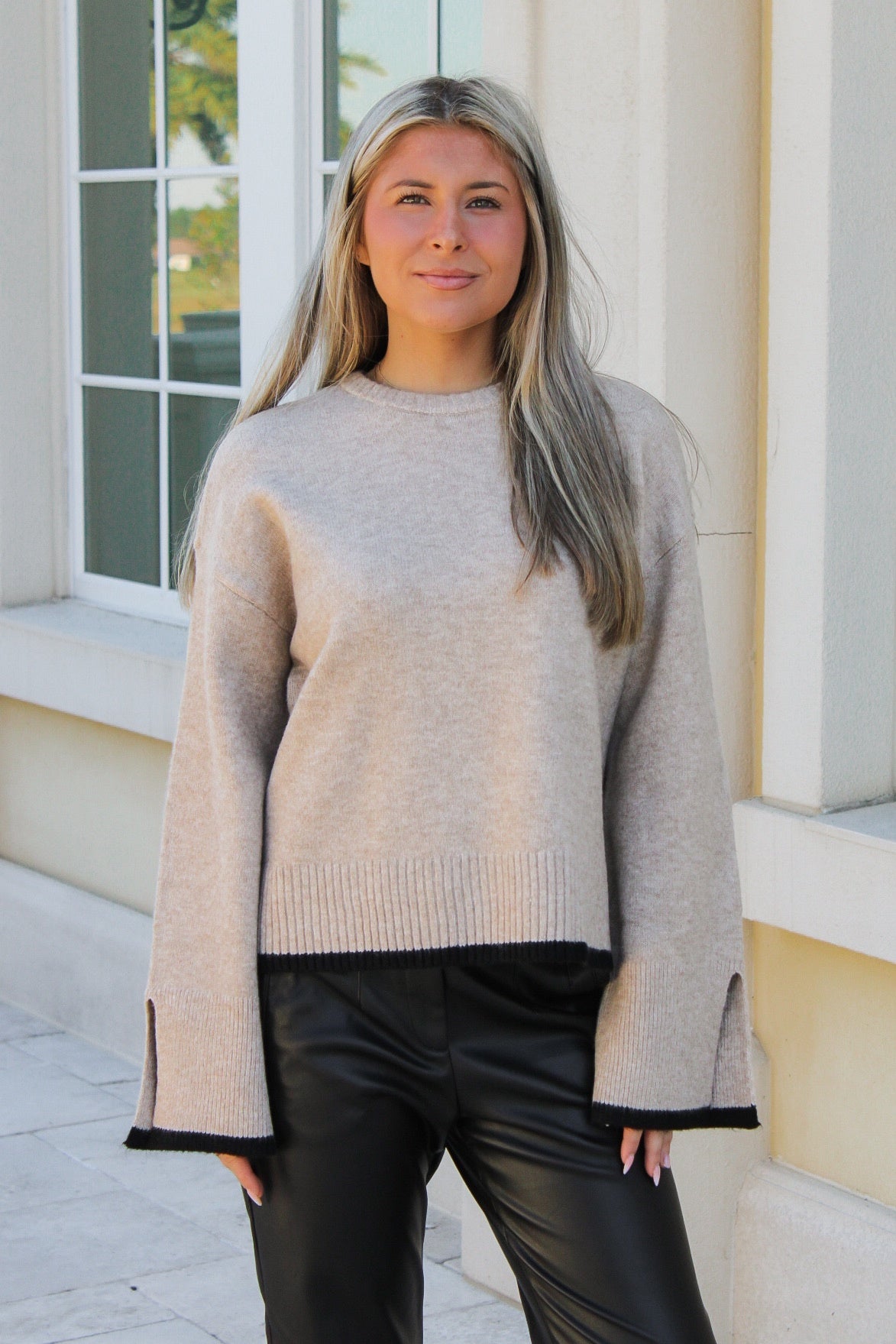 Angelina Cuff Spit Crew Neck Sweater - Camel