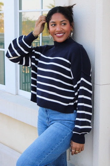 Cozier Times Striped Mock Neck Sweater - Navy – Makk Fashions