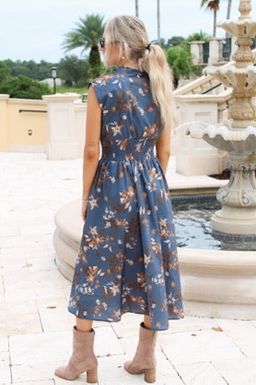 In Full Bloom Smocked Midi Dress - Dusty Blue