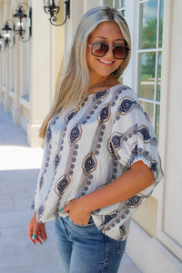 On The Go Geometric Pattern Top - Tan/Navy