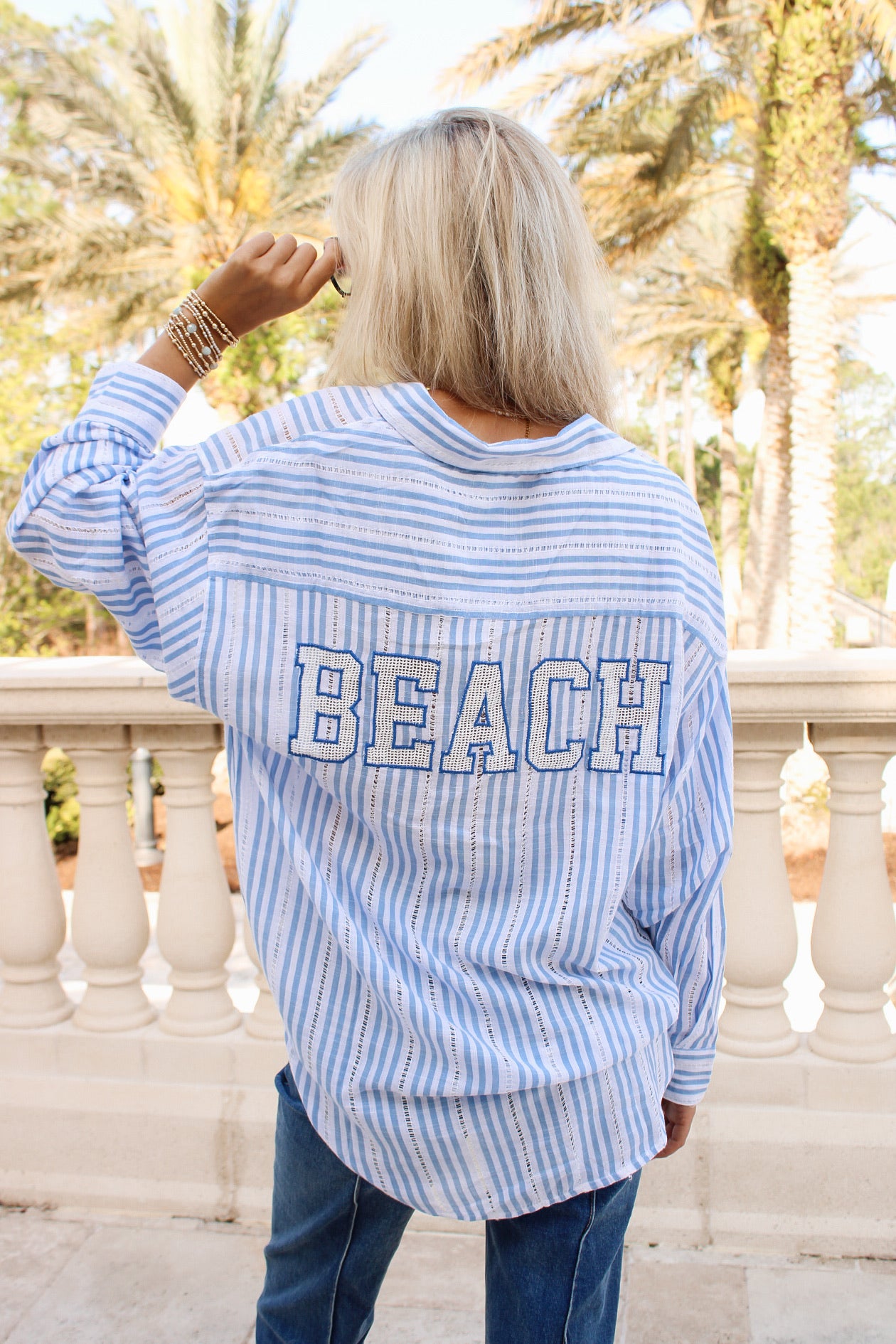 Surf Gypsy: Striped Beach Applique Shirt - Sea Salt