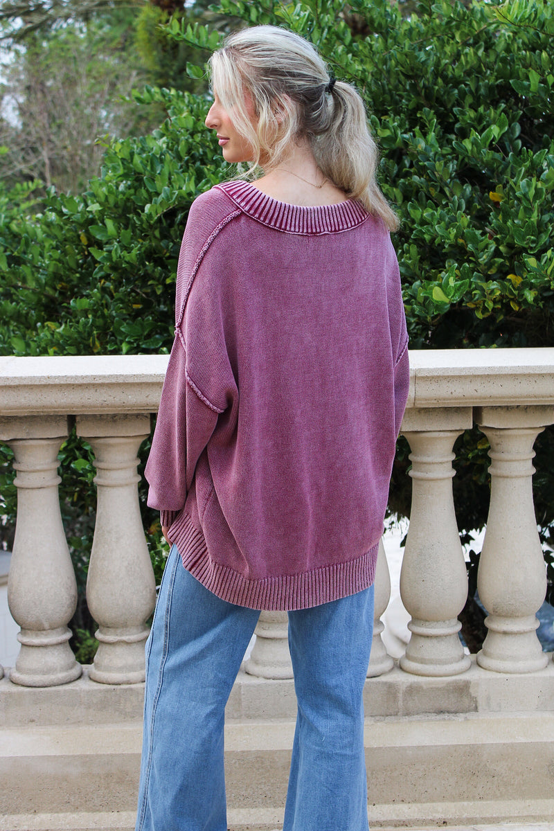 Dreamy Layers V-Neck Oversized Sweater - Burgundy