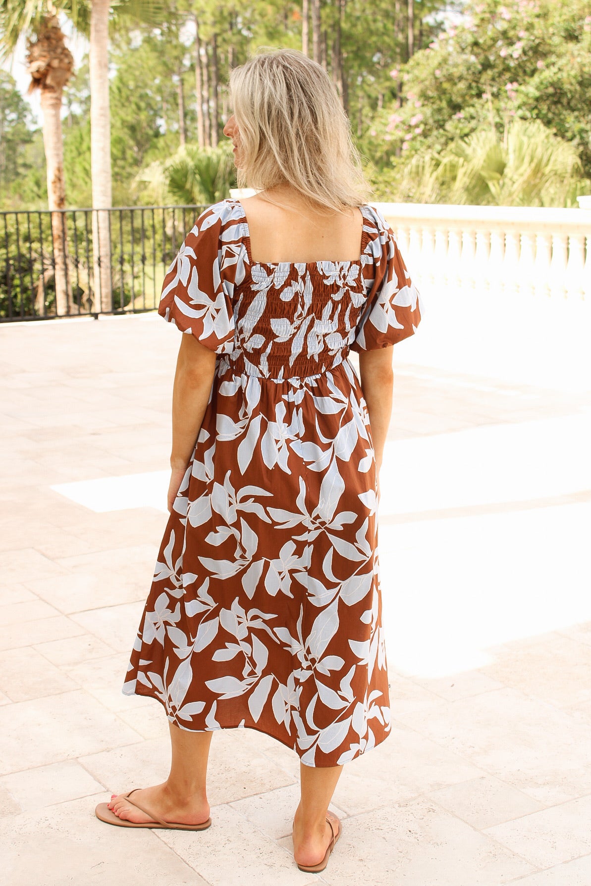 Sienna Escape Bubble Sleeve Midi Dress - Brown