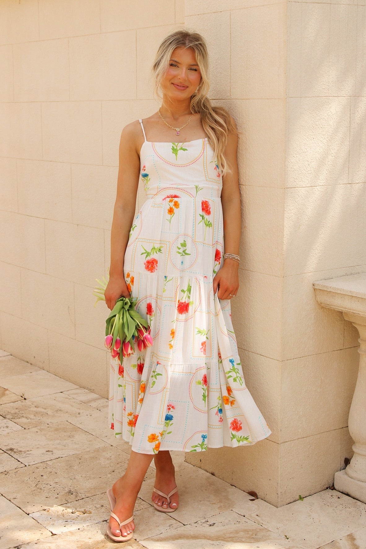 Picnic Ready Floral Tiered  Midi Dress - Ivory Multi