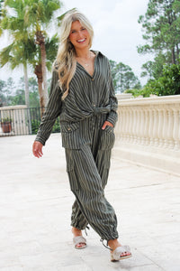 Autumn Striped Cargo Pants - Olive