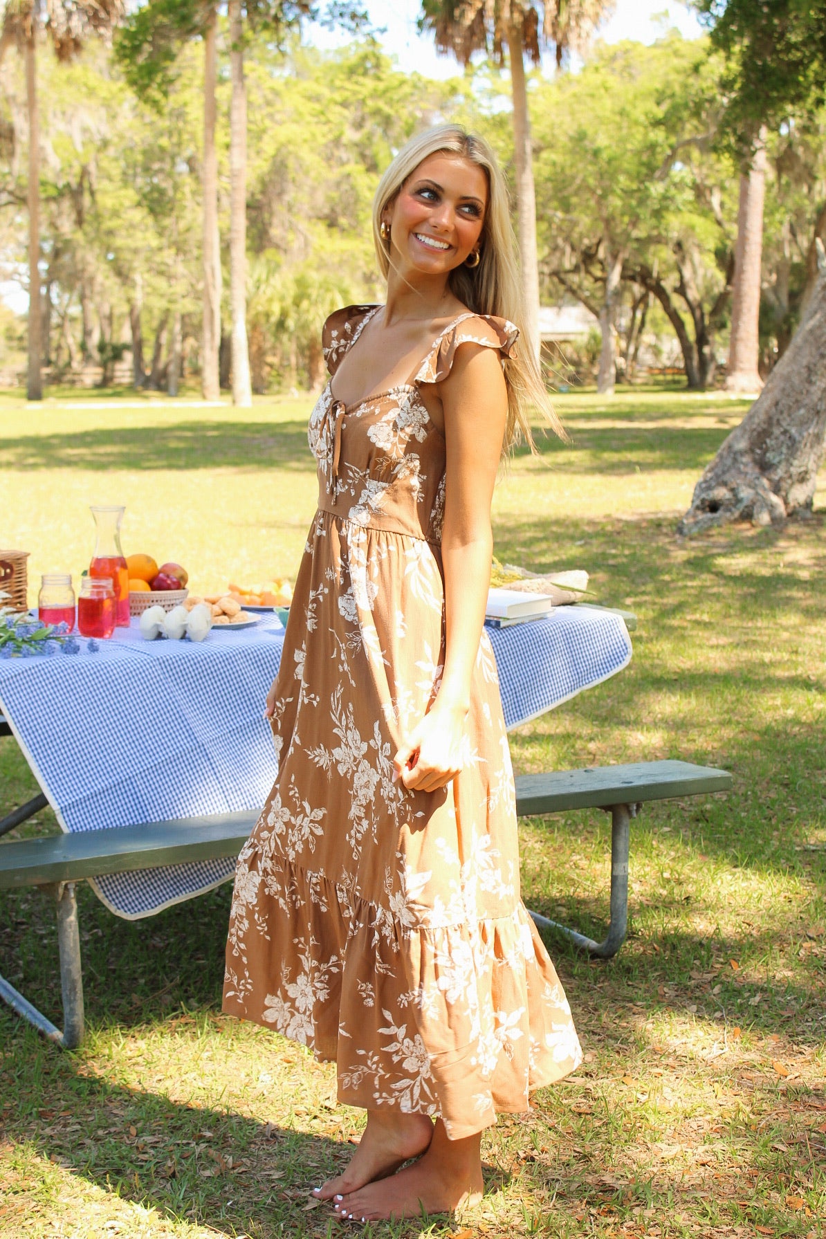 Desert Wildflower Floral Midi Dress - Brown