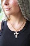 Pearl Studded Cross Toggle Necklace