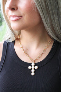 Pearl Studded Cross Toggle Necklace