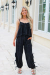 Effortless Days Mineral Washed Ribbon Tie Pants - Black