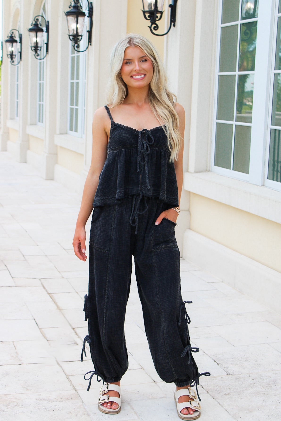 Effortless Days Mineral Washed Ribbon Tie Pants - Black