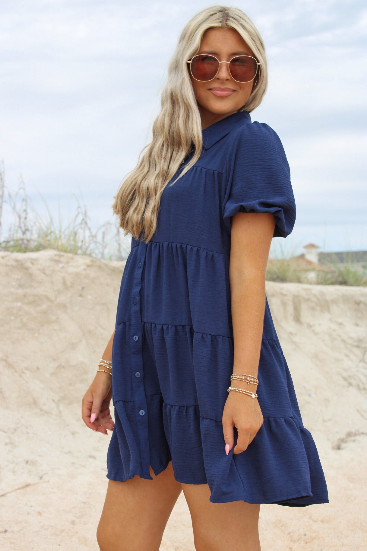 Casual Trip Bell Sleeve Tiered Dress - Navy