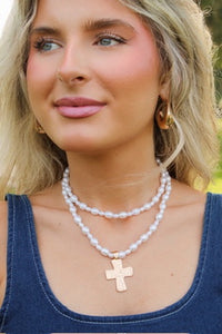 Pearl Beaded Layered Cross Necklace - Gold