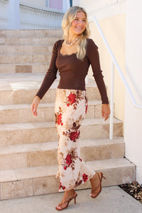 Harvest Romance Floral Midi Skirt - Khaki Multi