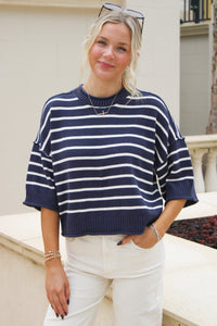 On The Go Exposed Seam Short Sleeve Sweater - Navy