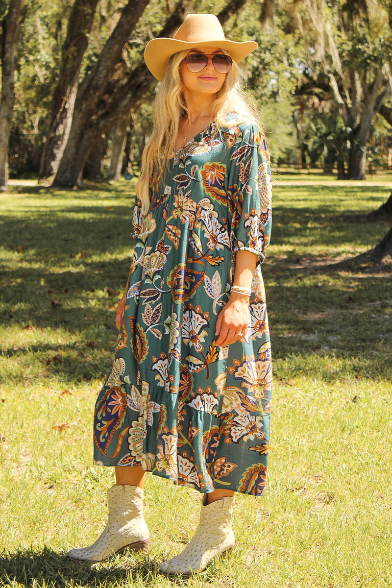 Boho Tides Paisley Printed Midi Dress - Teal