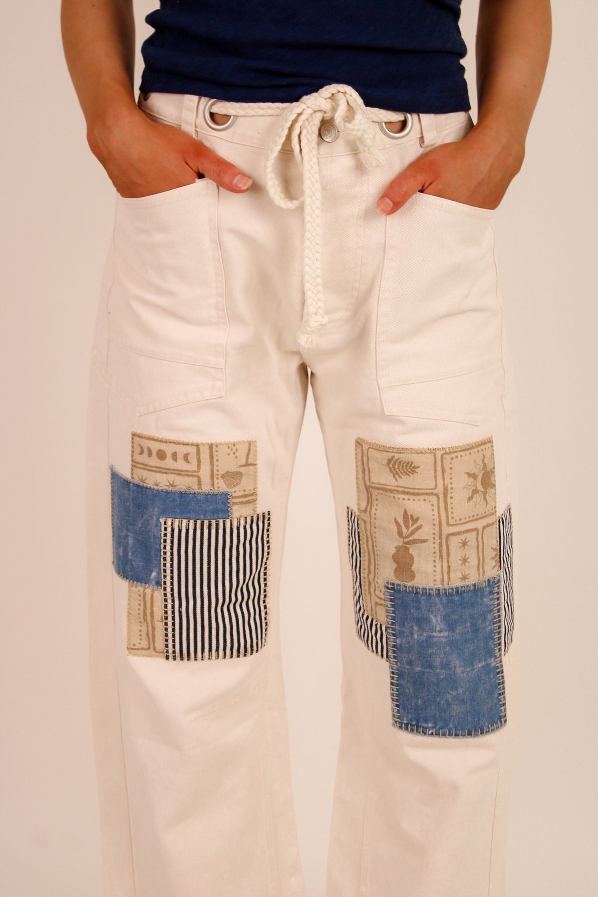 Sun Drift Mineral Washed Patchwork Pants - Bone
