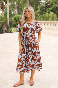 Sienna Escape Bubble Sleeve Midi Dress - Brown