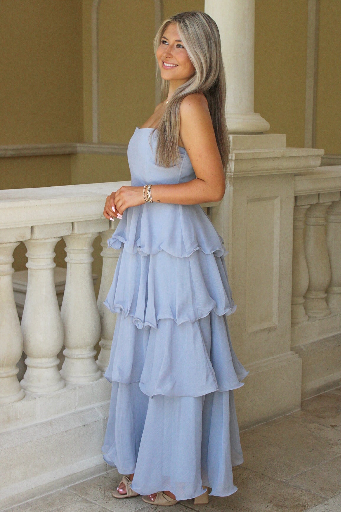 Elegant Times Strapless Tiered Maxi Dress - Lt. Blue