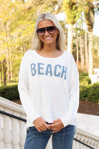 Cool Breeze BEACH Crew Neck Sweater - White