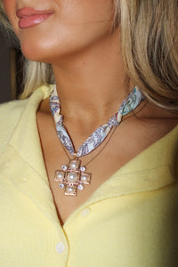 Cross Pendant Scarf Necklace - Tan Multi