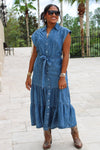 The Lila Tiered V-Neck Midi Dress - Med Wash
