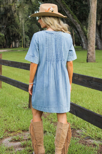 Denim Daydream Bow Tie Mini Dress - Med Wash