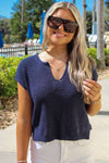 Cool Summer Breeze Split Neck Sweater - Navy