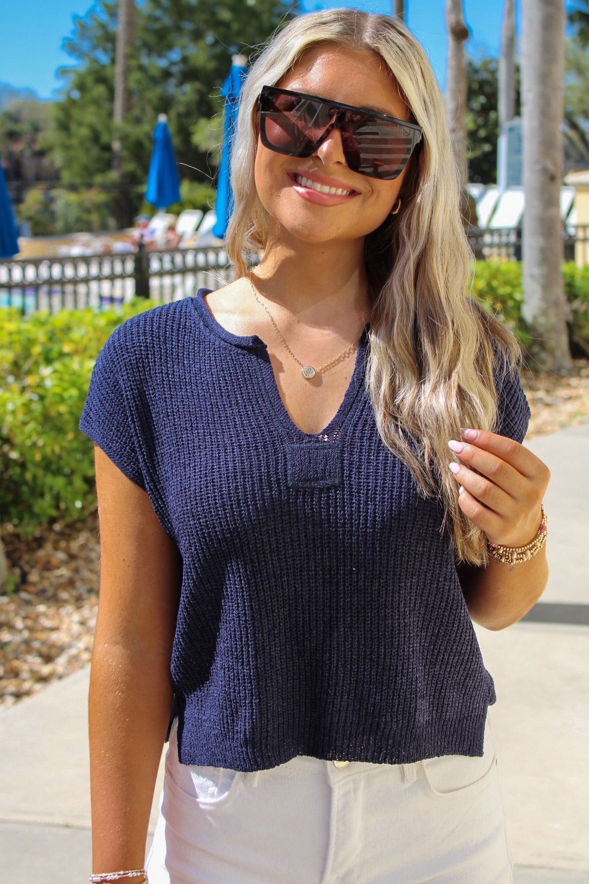 Cool Summer Breeze Split Neck Sweater - Navy