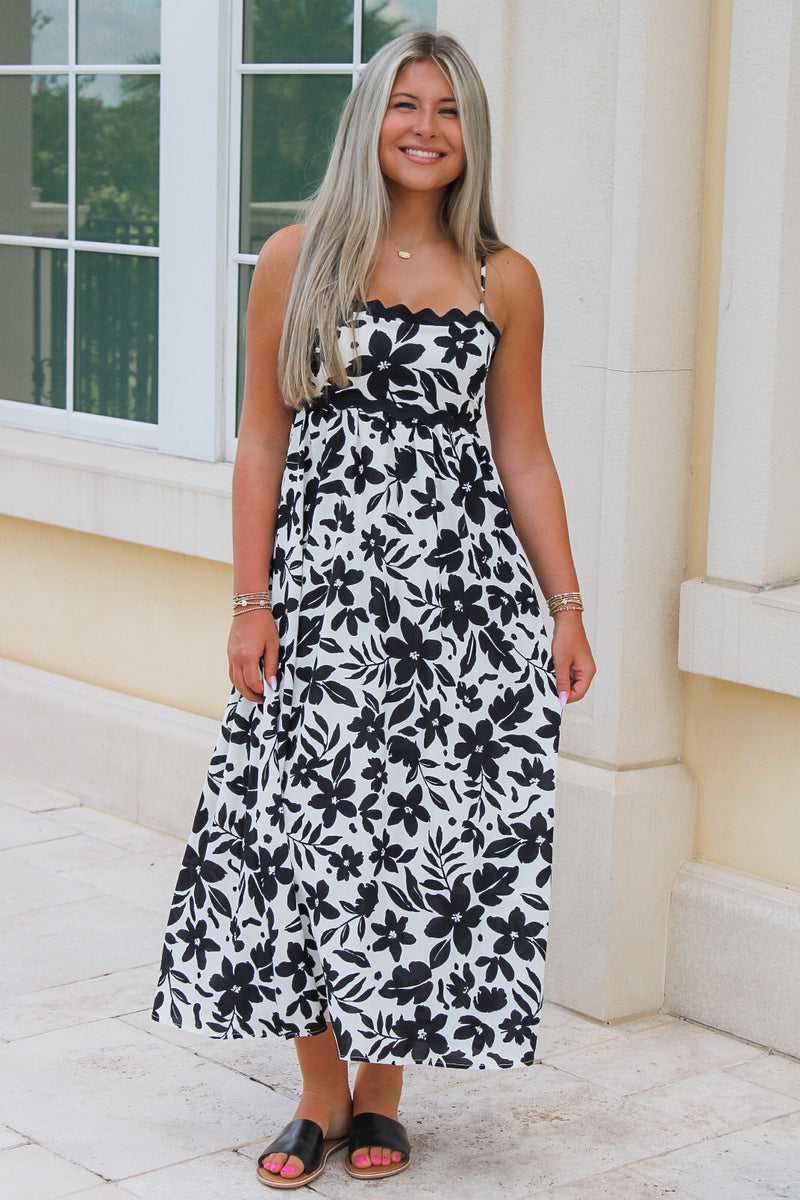 Endless Summers Floral Back Tie Midi Dress - Black