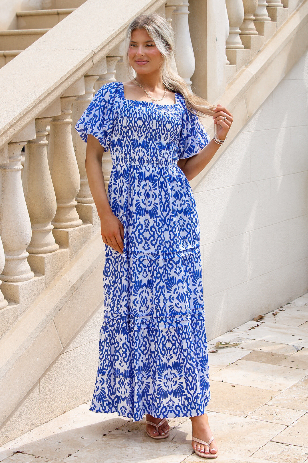 Capri Coast Puff Sleeve Smocked Maxi Dress - Blue