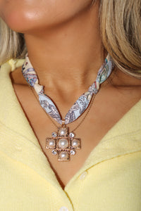 Cross Pendant Scarf Necklace - Tan Multi