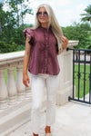 Cheer With Me Flutter Sleeve Top -  Wine