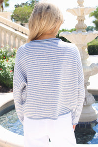 The Midtown Stripe Button Down Cardigan - Dusty Blue