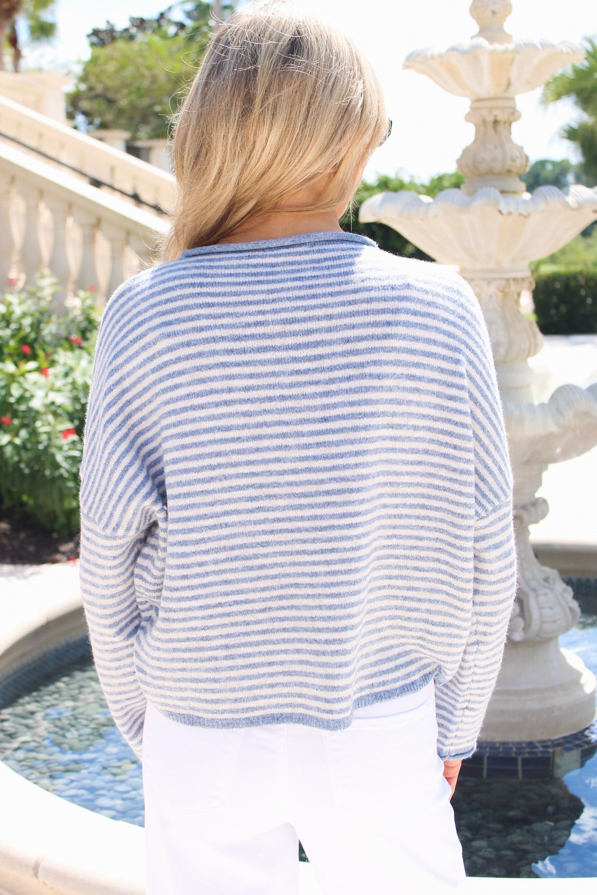 The Midtown Stripe Button Down Cardigan - Dusty Blue