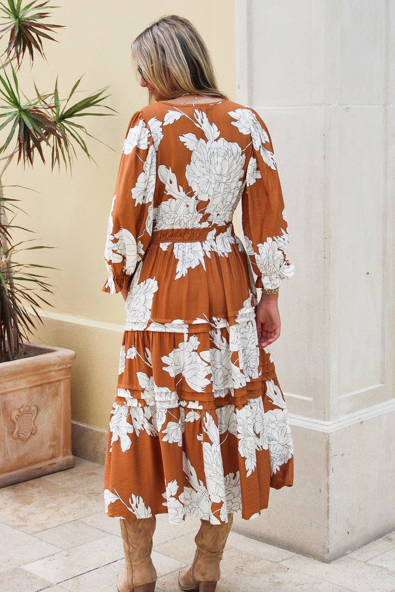 Fall Moments Floral Tiered Midi Dress - Caramel