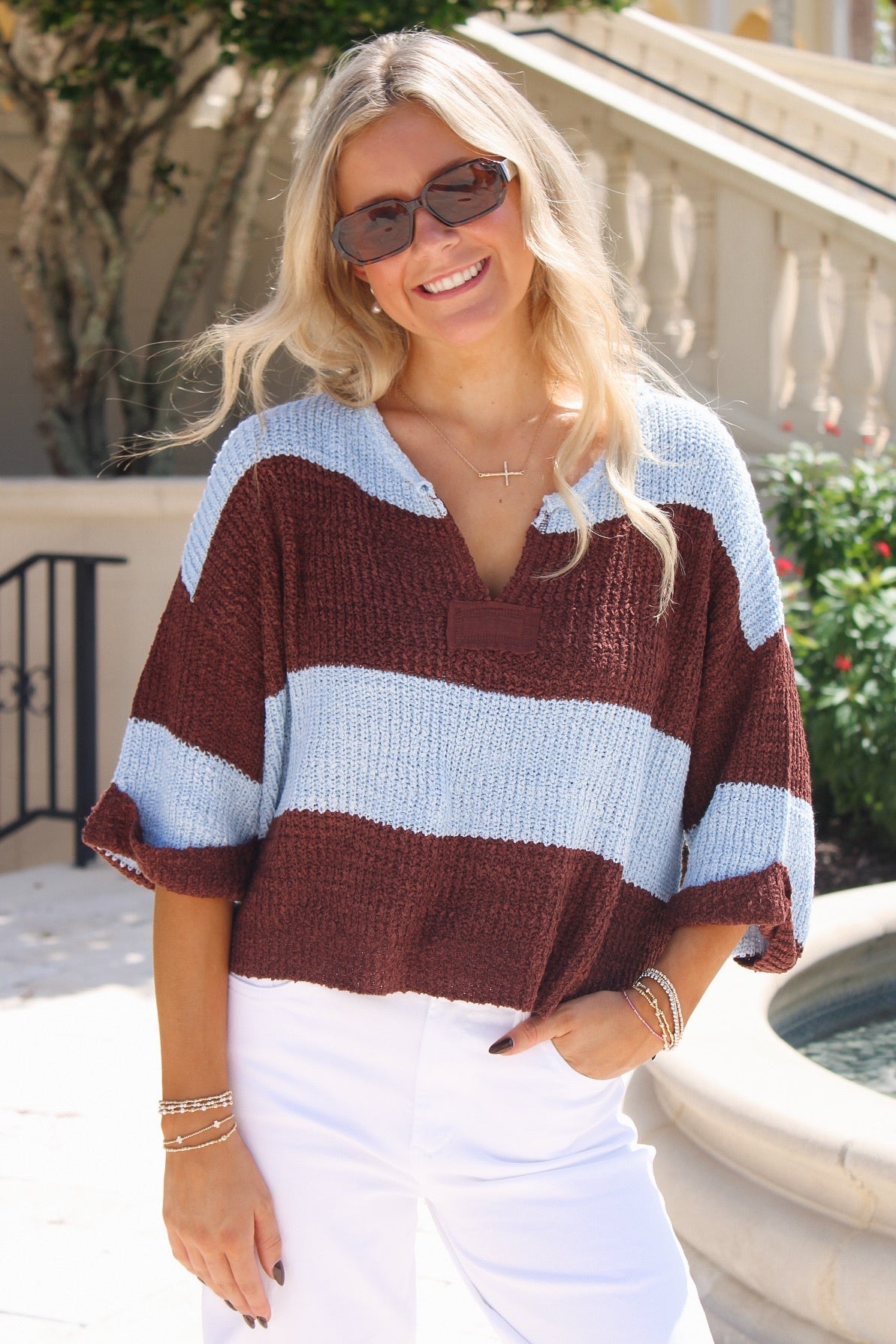 Cozy Dreams Striped Cropped Sweater - Brown/Blue