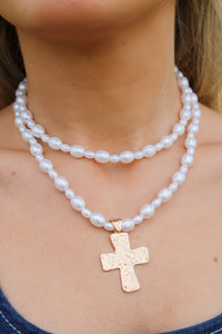 Pearl Beaded Layered Cross Necklace - Gold