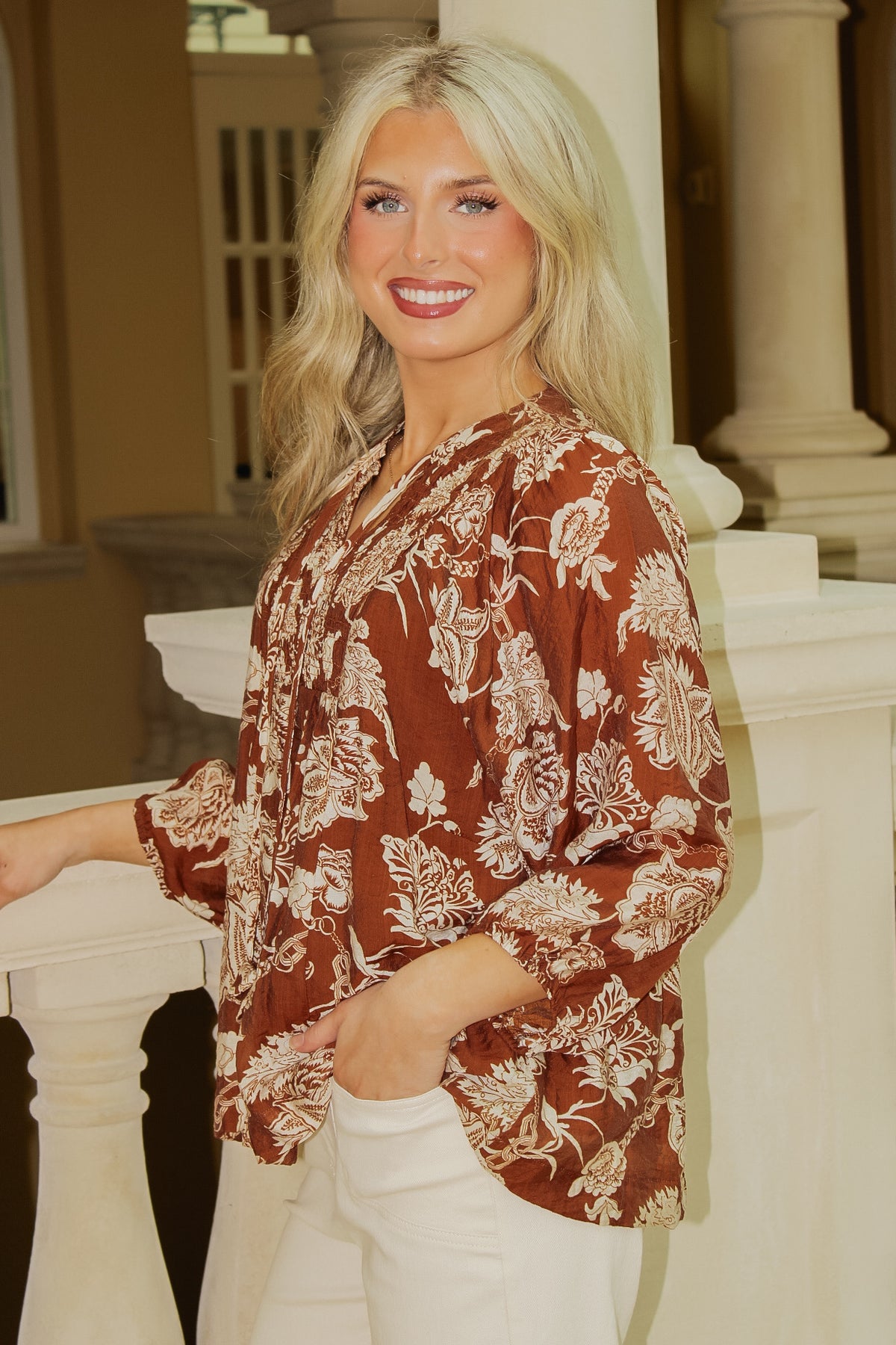Amber Charm Floral Print Tie Top - Brown