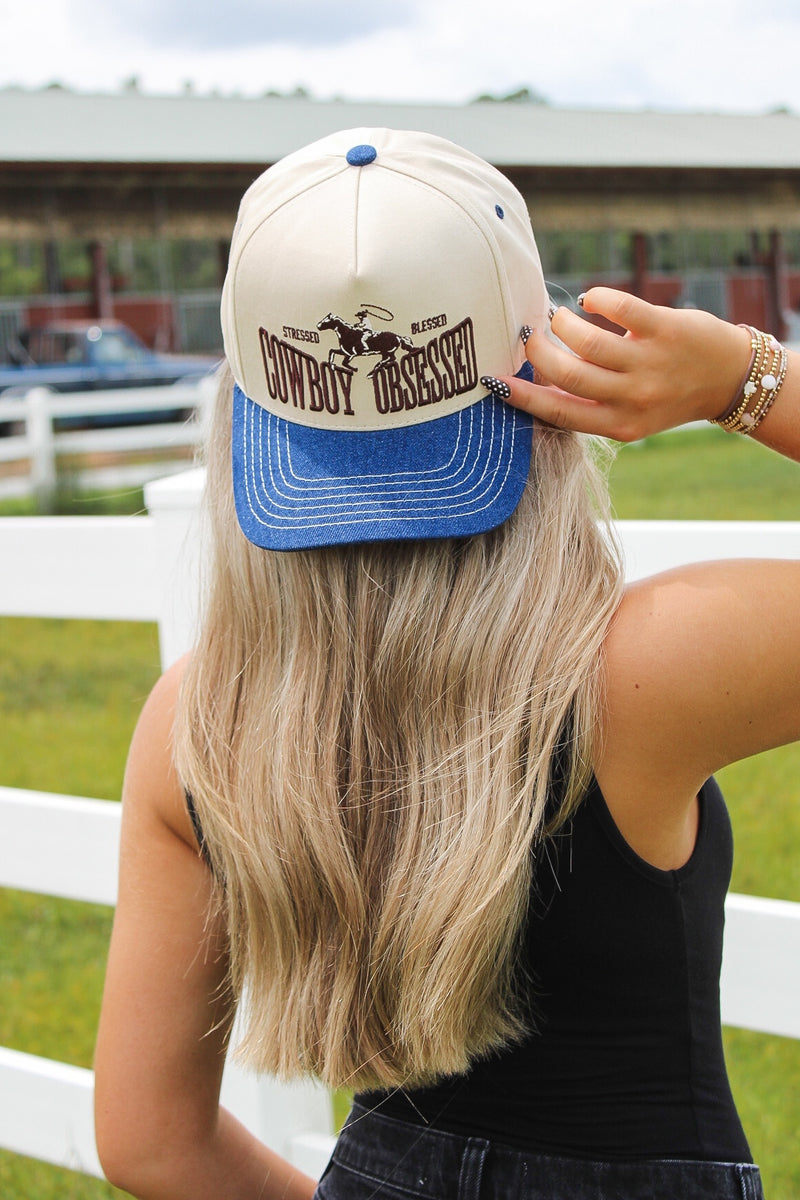 Cowboy Obsessed Embroidered Trucker Hat - Demin