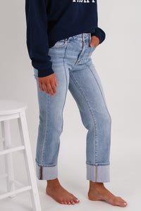 Amanda High Rise Ankle Straight Wide Cuff Jeans - Light Wash