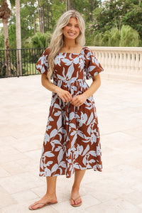 Sienna Escape Bubble Sleeve Midi Dress - Brown