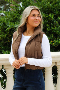 Ski Days Ahead Cropped Puffer Vest - Mocha