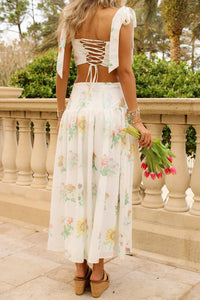 Spring Meadows Floral Printed Midi Skirt - Cream