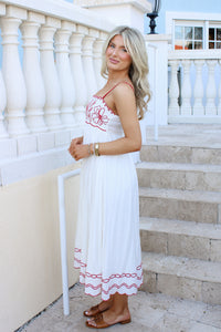 The Coastal Blossom Scalloped Midi  Dress - Red