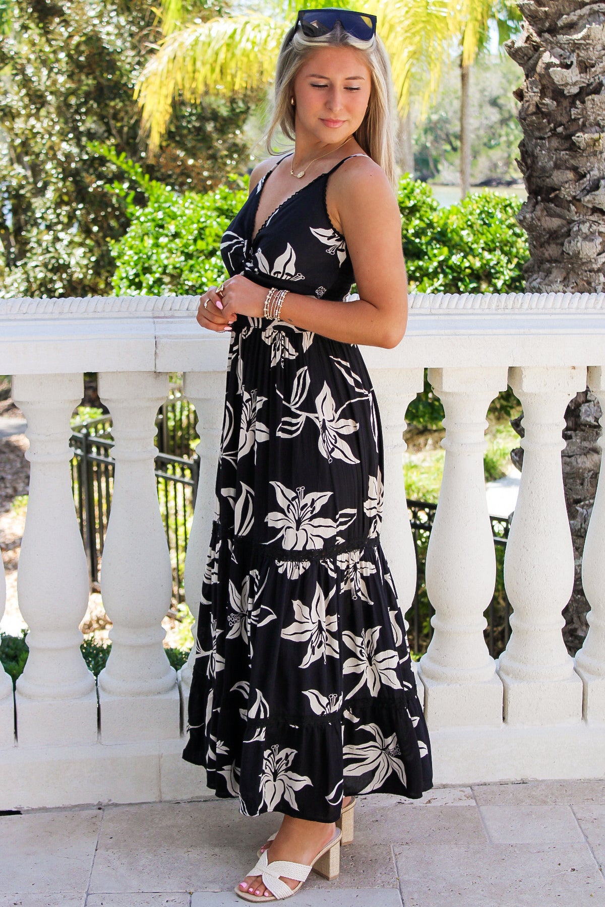 Tropical Paradise Front Twist Maxi Dress - Black