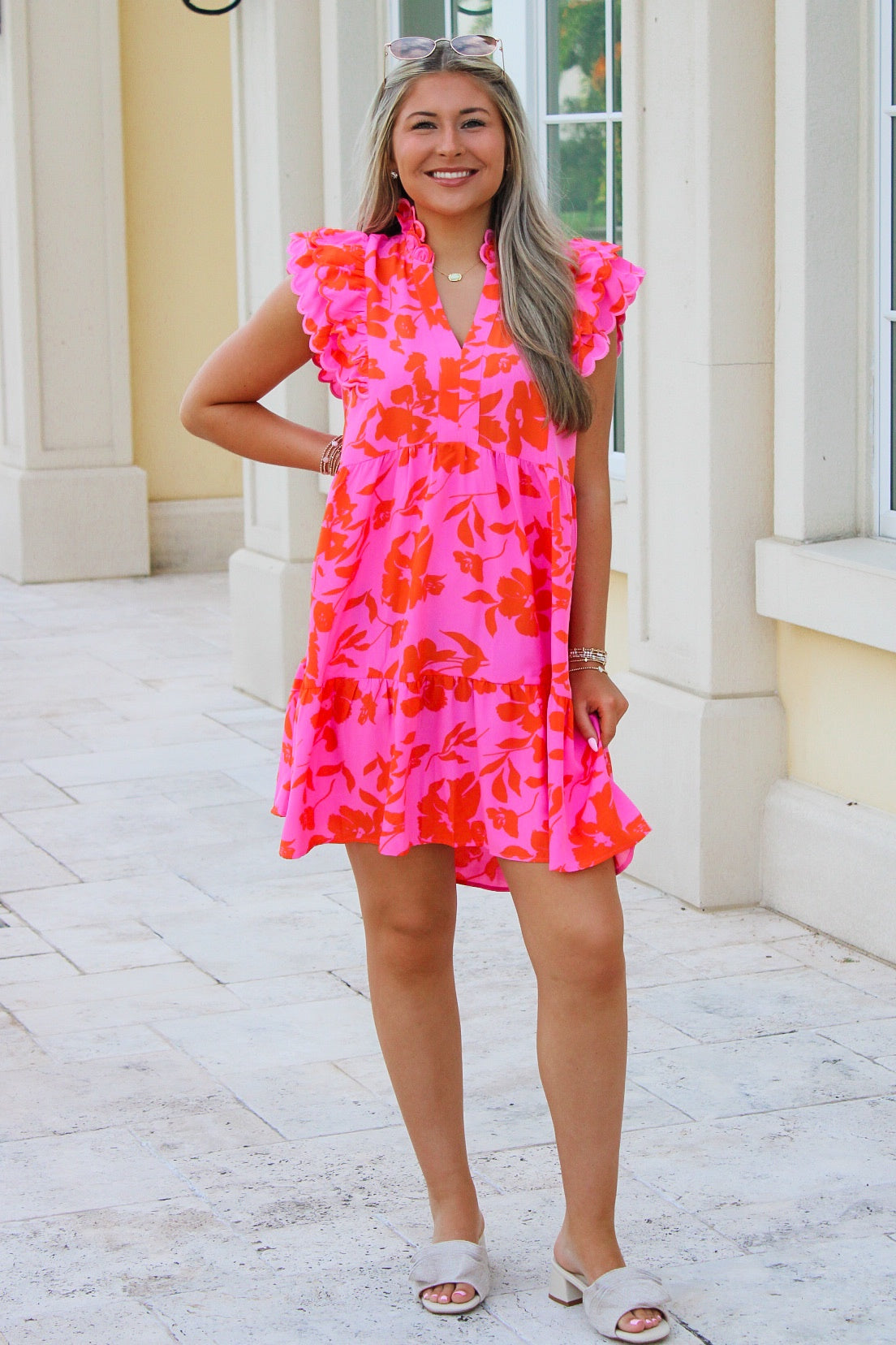 Summer Bliss Ruffle Sleeve Mini Dress - Pink/Orange