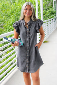 All I Want Button Down Ruffle Mini Dress - Black