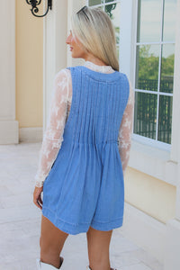 On My Game Pleated Romper - Denim