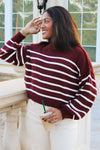 Cozier Times Striped Mock Neck Sweater - Burgundy