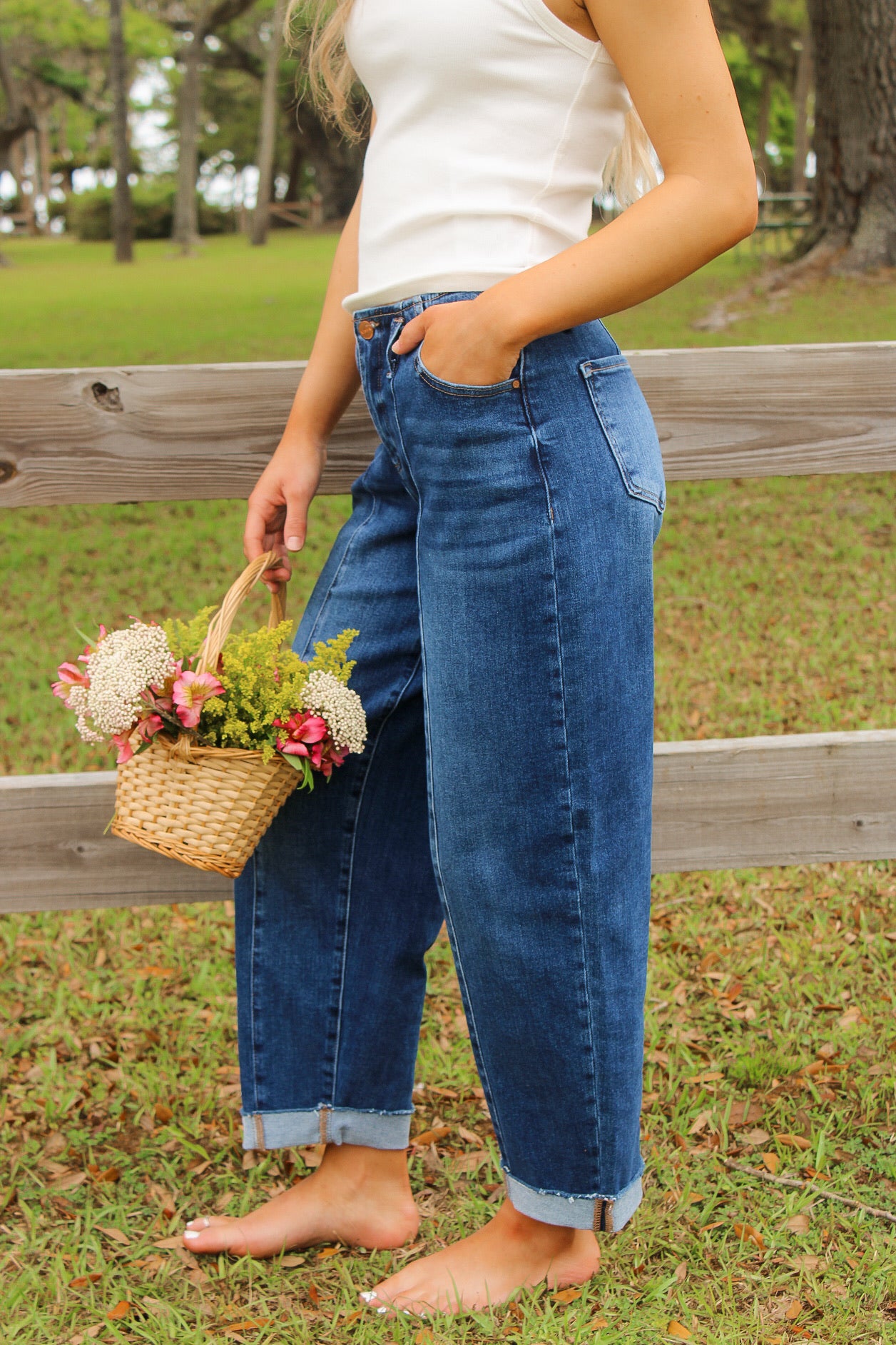 Rachael High Rise Barrel Cuff Jeans - Dark Wash